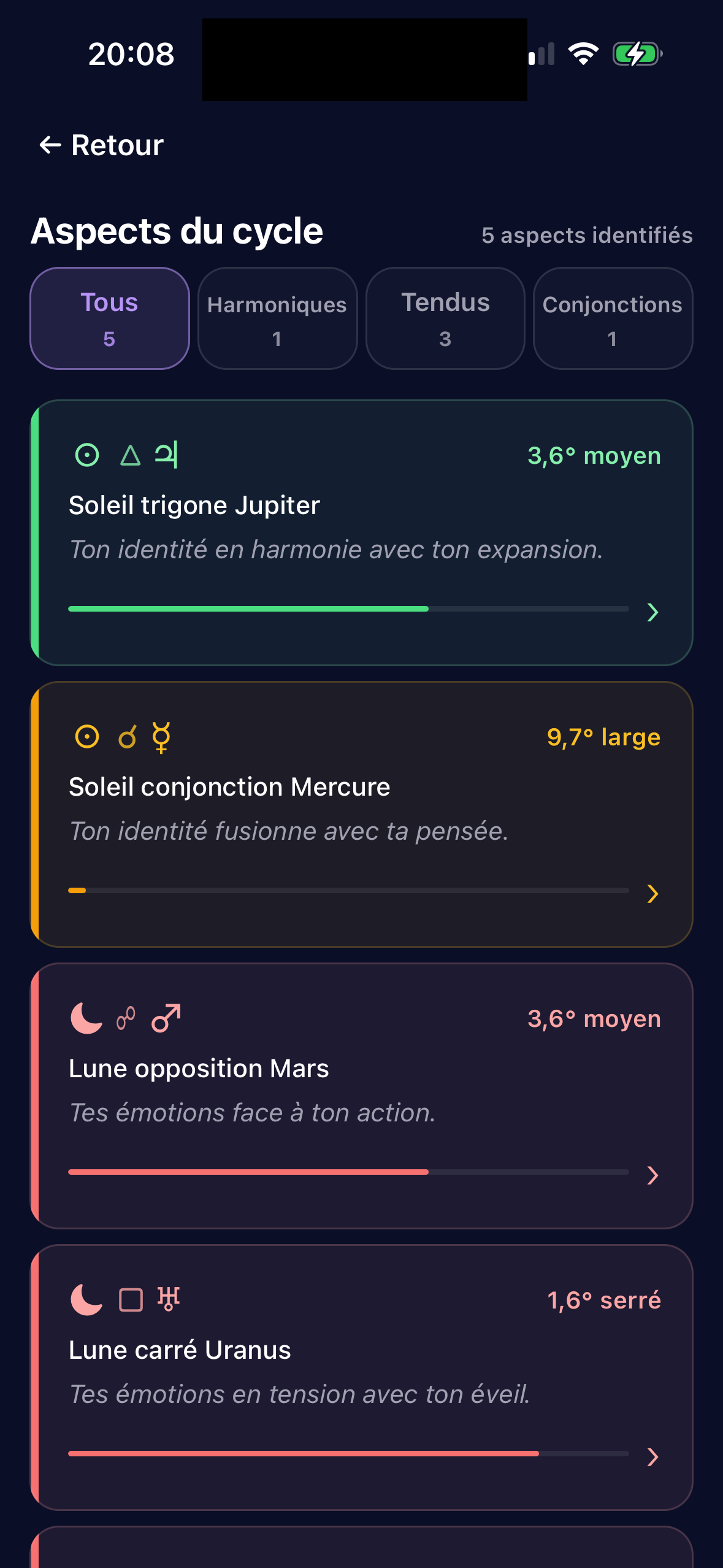 Écran Aspects majeurs dans Lunation. Soleil trigone Lune, aspect signature