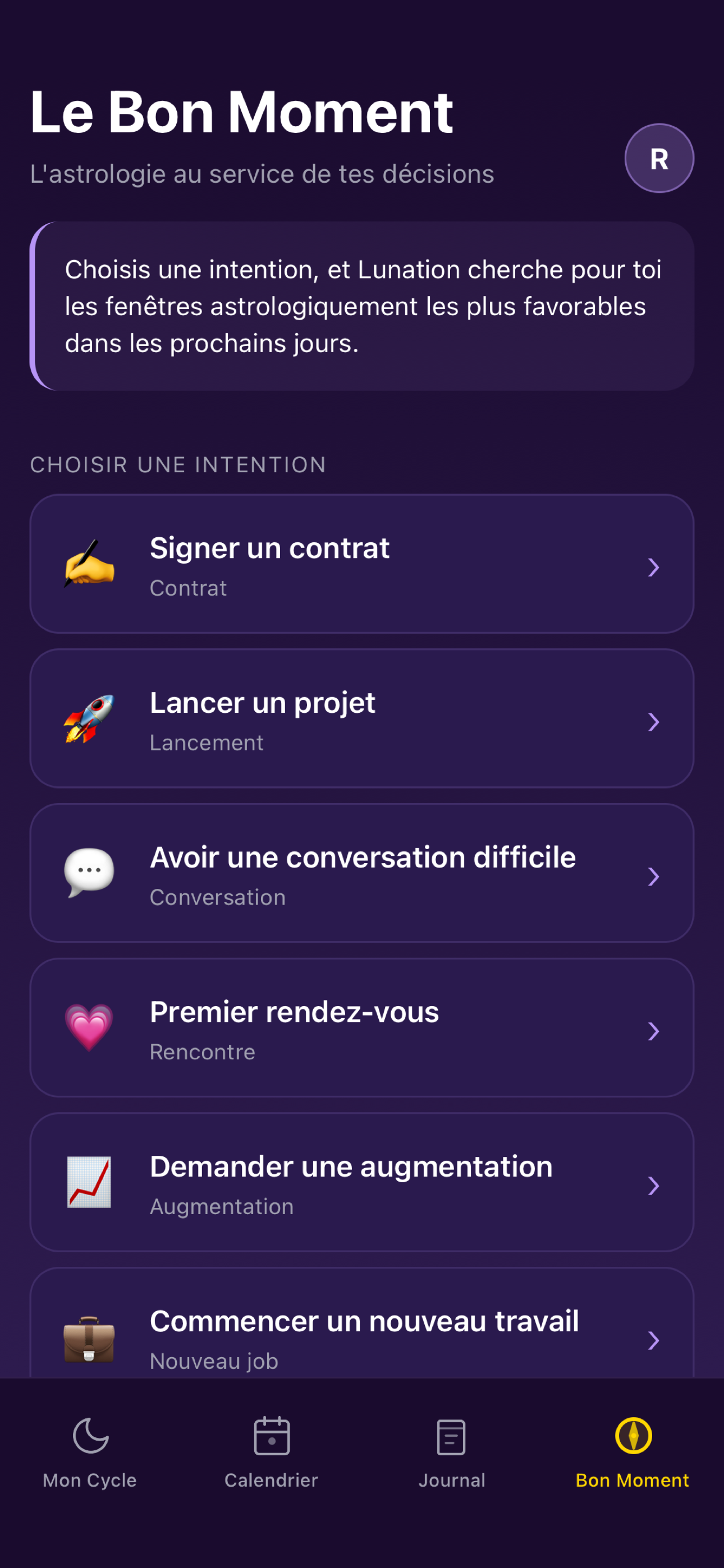 Écran Le Bon Moment dans Lunation, intentions et meilleurs créneaux astrologiques
