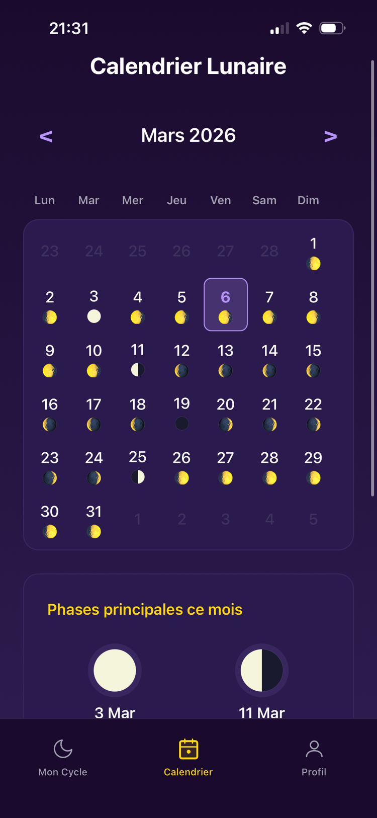 Calendrier lunaire Lunation