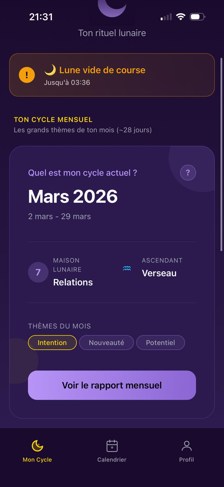 Lunation — votre cycle lunaire personnalisé