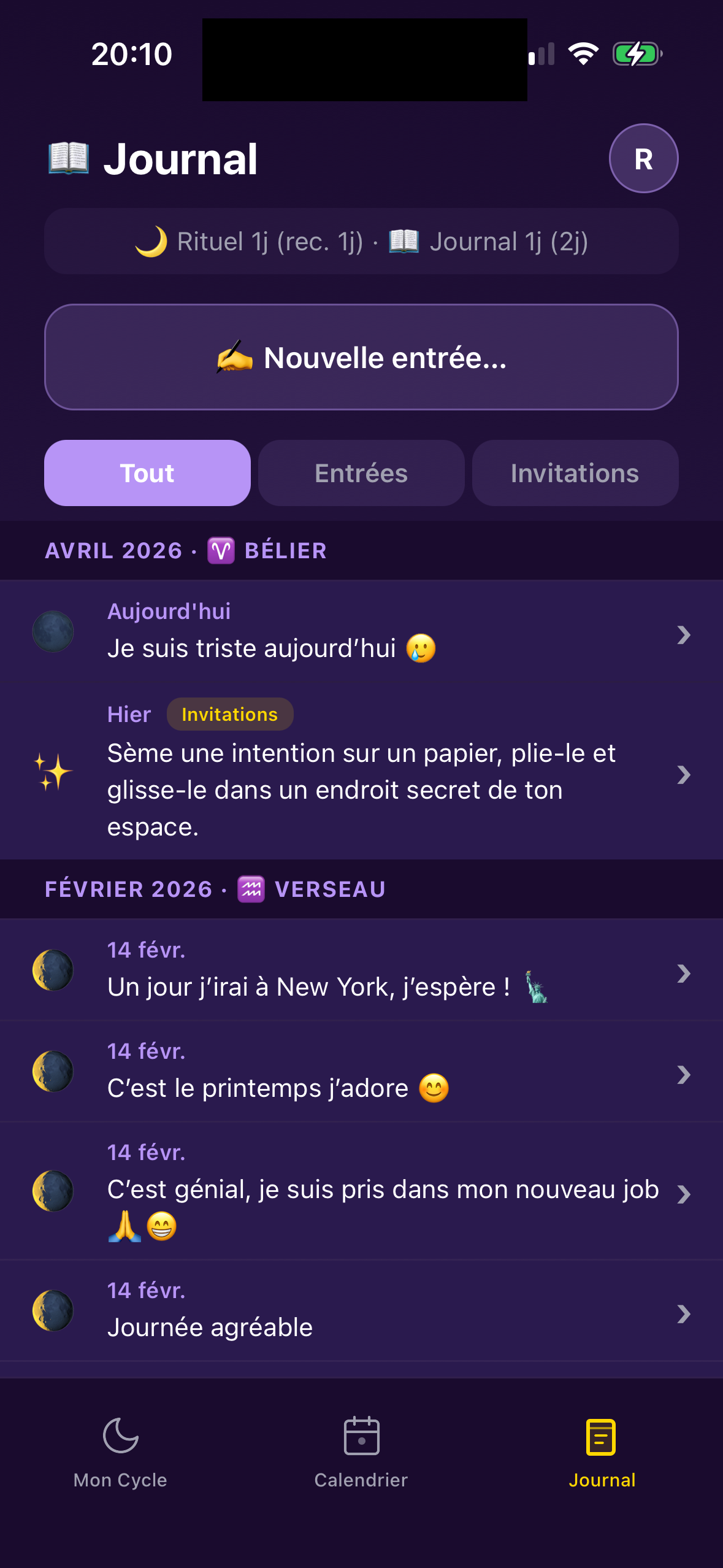 Écran Journal lunaire dans Lunation, entrées avec signature astrologique du mois