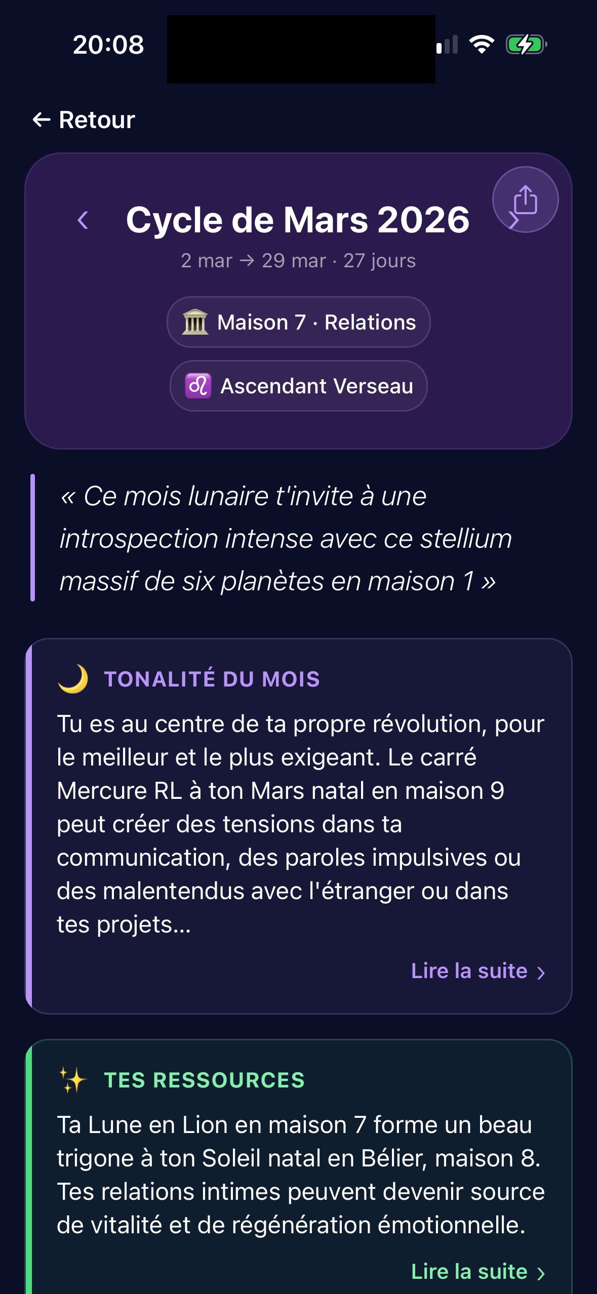 Écran Cycle de Mars 2026 dans Lunation, tonalité du mois et ressources astrologiques