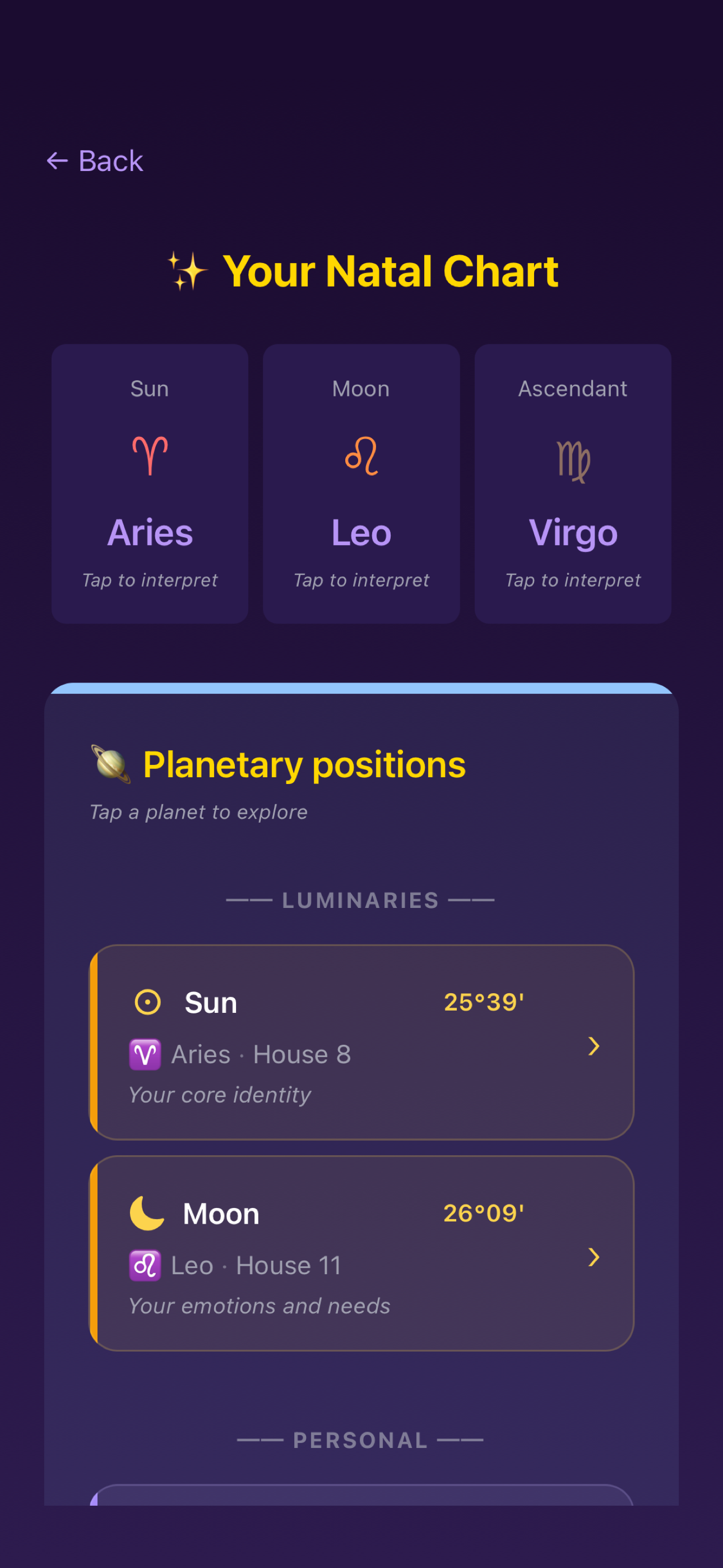 Major Aspects screen in Lunation. Sun trine Moon, signature aspect