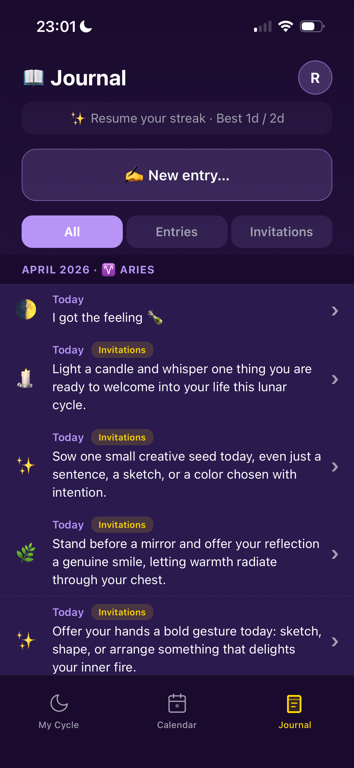 Lunar Journal screen in Lunation, entries with the astrological signature of the month