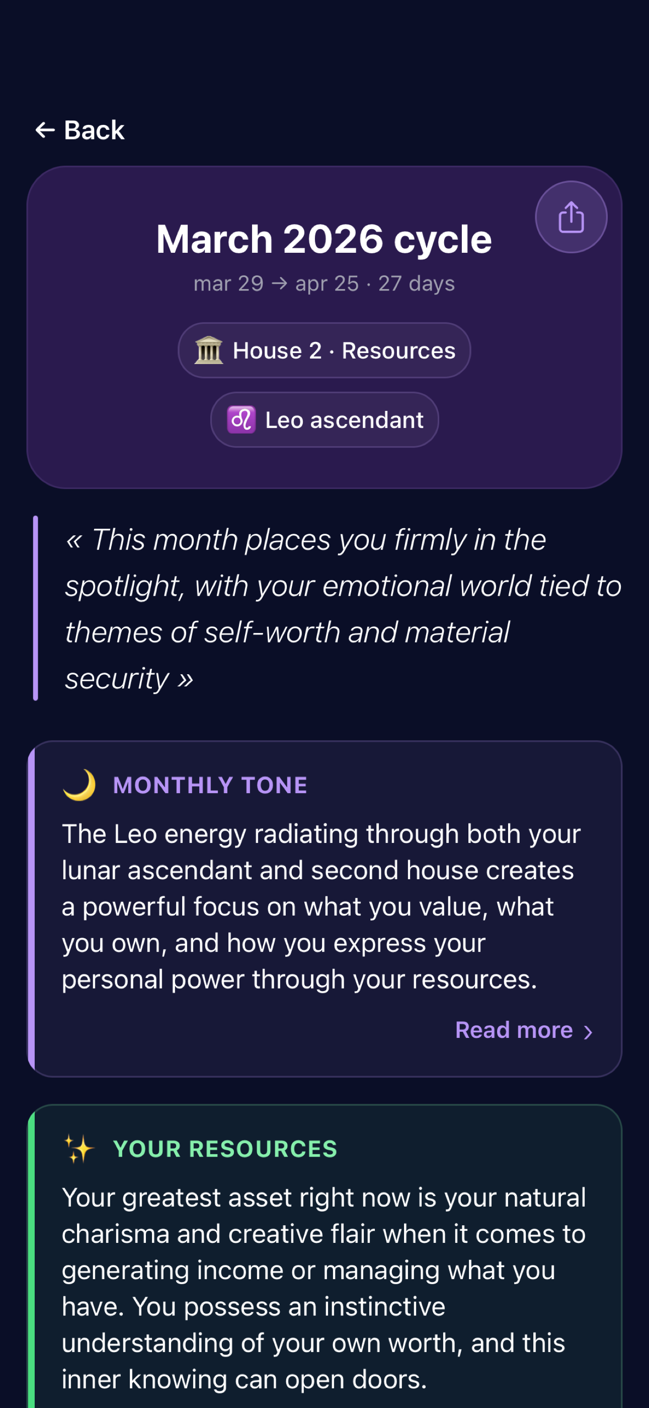 March 2026 Cycle screen in Lunation, with monthly tone and astrological resources