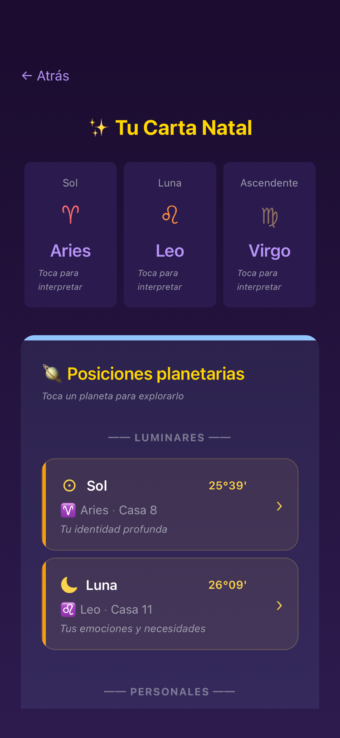 Pantalla Aspectos mayores en Lunation. Sol trígono Luna, aspecto firma