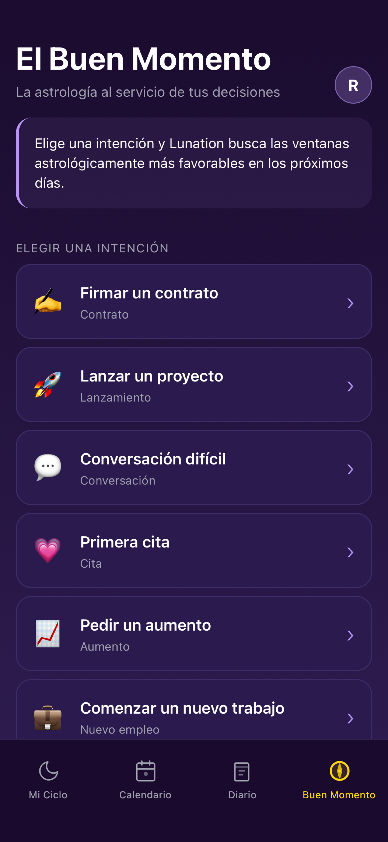 Pantalla El Buen Momento en Lunation, intenciones y mejores ventanas astrológicas