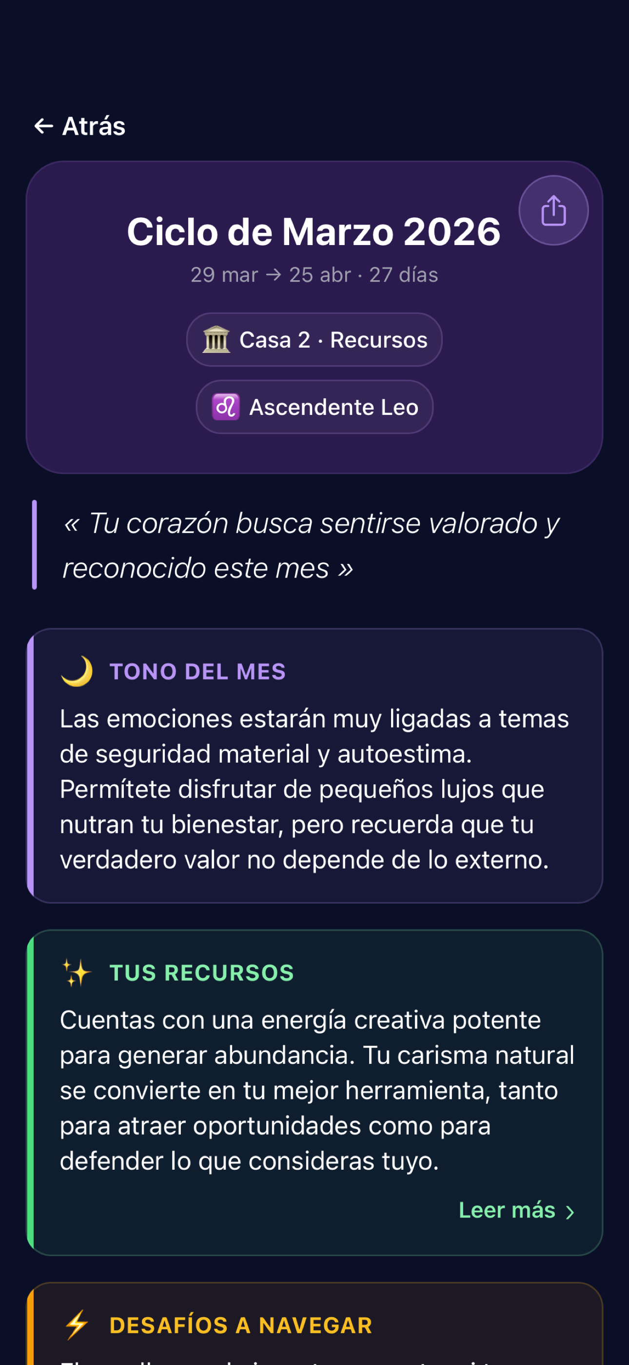 Pantalla del Ciclo de marzo 2026 en Lunation, con tonalidad del mes y recursos astrológicos